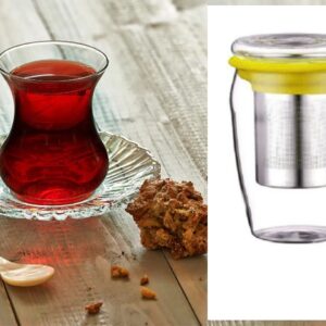 Set 6 pahare ceai turcesc Aurora 155 ml + 6 farfurii model cristal, Paşabahçe + Cana din sticla cu infuzor, pentru ceai sau cafea, cantitate 500 ml, Peterhof + CADOU